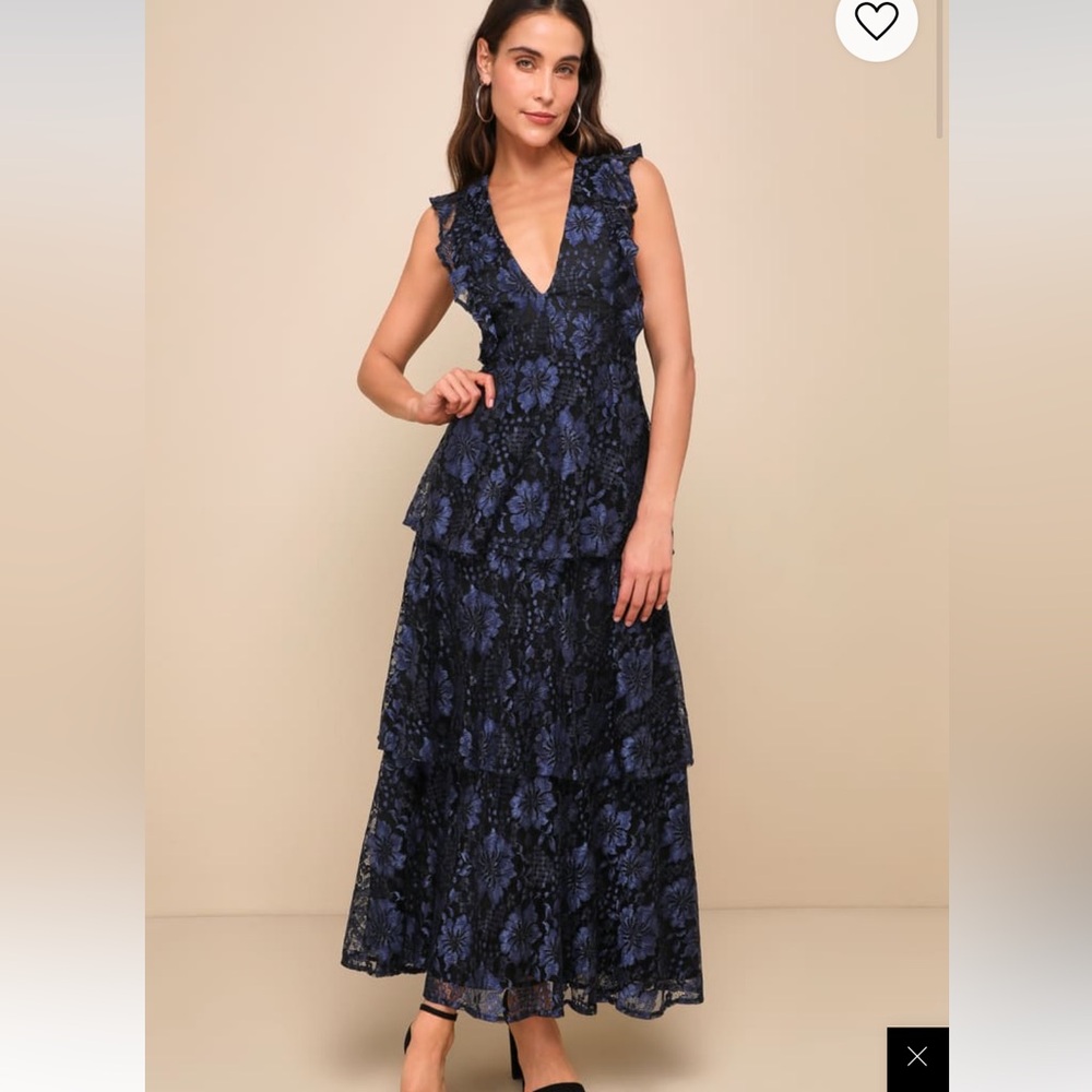 Lulu’s Molinetto Navy Blue Lace Ruffled Tiered Sleeveless Maxi Dress SIZE M